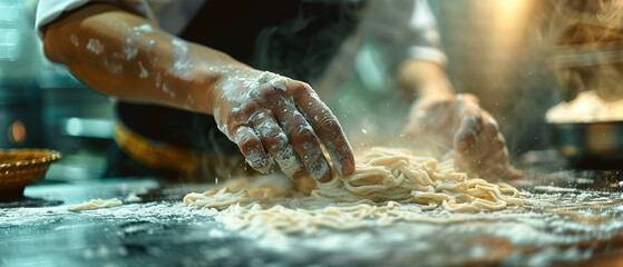 Close up view at chef hand is cut DOUGH for making hand make noodle. Realistic photography, 