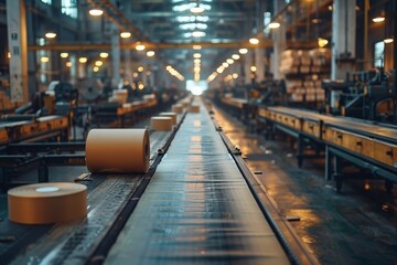 Poster - A large roll of paper moves along a conveyor belt in a busy factory setting highlighting industrial production and machinery