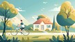 Cycling man on street. Modern flat illustration of a smiling cyclist on a bike in the summer landscape with trees and house.