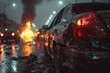 A somber scene of a wrecked car with shattered glass and dented body on a wet street, illuminated by city lights on a rainy night