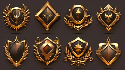 Poster - a set of empty achievement emblems with decorative golden borders on a background. modern cartoon se