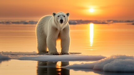 Wall Mural - Polar Bear stands on melting sea ice at sunset 