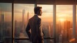 Portrait of male CEO in big corner office at sunset,Businessman thinking and looking at the view from the office window