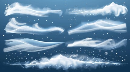 Poster - An isolated modern collection of blizzard, frost blowing air, snowflakes, and swirls of white mist clouds with snow. Modern realistic set of blizzard, frost blowing air, snowflakes, and swirls.