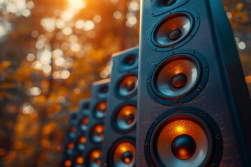 Intense close-up shot of audio speaker cones with orange lighting highlighting the texture and design