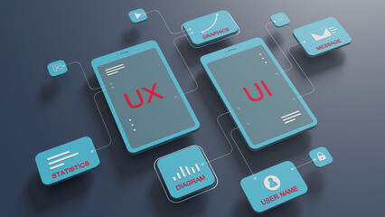 UX user interface flowchart, connection mode graphic designer, application process development, data prototype, website framework, mobile icon phone. The concept of user interaction. 3d rendering.