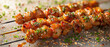 commercial food photography: chicken skewers with glaze and sesame seed, food advertising