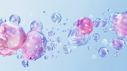 Wall Mural - The liquid drops, serums, gels, or collagen texture with transparent bubbles, scatter splashes and cosmetic hydration spots is a realistic 3d modern illustration.