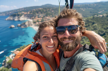 Wall Mural - A happy couple took a selfie while paragliding over the French Riviera, wearing orange life jackets and sunglasses. 