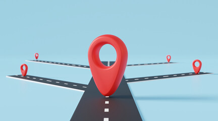Poster - Pin navigation model road home shipping. cargo delivery parcels fast speed on logistics transportation service express trunking. Minimal cartoon style. 3d render. illustration elements
