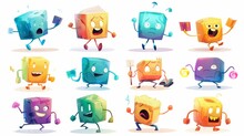 Various Emotions Of Parallelepiped Or Cuboid Cartoon Character. Isolated Math Character Reading Book, Running, Searching Information, Thinking, Funny Creature For Kids School Game.
