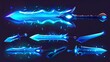 Animated sprite sheet with cartoon sword and light trace effect, motion game effect, blue beam trail sequence frame, animated storyboard, neon glowing brand attack.