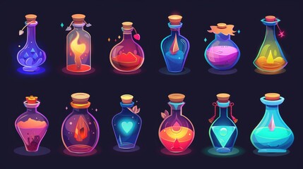 Cartoon set of magic potion bottles isolated on a black background. Modern illustration of different shape glass jars with colorful substances. Witch poison, love elixir, spell ingredient.