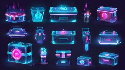 Poster - Future technology boxes for games. Sci-fi equipment icons, loot boxes with electronic locks, neon lights, modern illustration isolated on white background
