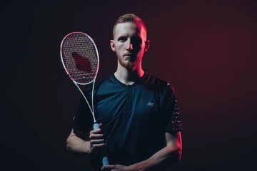 young male tennis player wearing black t-shirt with his racket on dark background. Fictional Character Created by Generative AI.