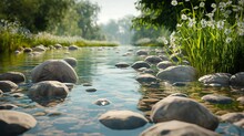 AI Generated Illustration Of A Singing River
Flows Through A Rocky Grass Field