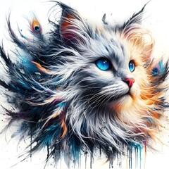 Canvas Print - AI generated illustration of a mystical cat with striking blue eyes and vibrant paint streaks