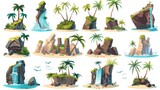 Fototapeta  - Cartoon scene set of an uninhabited tropical isle. Beautiful exotic sand land coast in ocean with palm tree and stone cliffs.