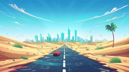 The road to Las Vegas on asphalt traffic route and sand nature landscape is shown in perspective view. Vehicle drive on asphalt driving on the road to Las Vegas on asphalt traffic way background with