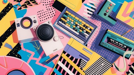 Wall Mural - AI generated illustration of assorted electronics and components on vibrant backdrop