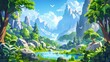 Cartoon mountain landscape with lake and rainforest. Modern illustration of forest with lianas on trees, green plants on bank of river flowing between high rocks, birds in blue summer sky.