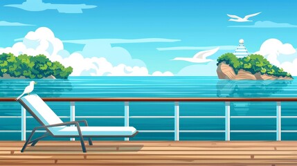 Wall Mural - The deck of a sea cruise ship with a bird and island view cartoon modern background. A relaxed summer vacation scene on a wooden embankment with a railing. A summer vacation on the docks in a bay