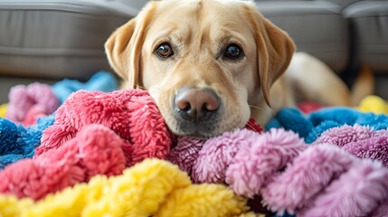 Wall Mural - Big dog resting on a vibrant plush toy indoors, AI-generated.