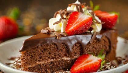 Wall Mural - Slice of chocolate cake with chocolate icing, chocolate shavings, whipped cream and strawberries. Macro photography.