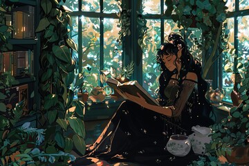 Wall Mural - Enchanted girl reading in a magical library setting