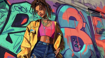 Wall Mural - a woman in yellow jacket standing next to a graffiti wall