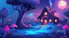 Fantasy Forest Cartoon Background With A Night Fairytale House. Neon Light In The Window. Magic Tree In Fantasy Landscape With Mushrooms And Path. Jungle Cottage Home Scene For Adventure Child Fairy