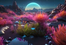 AI Generated Illustration Of Alien Terrain With Flowers, Stones, And A Blue Moon In The Background