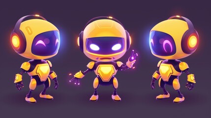 Wall Mural - This cute futuristic robot character cartoon illustration set features an isolated mascot group and friendly companion in yellow and purple. The concept is based on the idea of a smart chatbot that