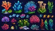 Seaweed, coral reef, and fish cartoon modern illustration set. Ocean and reef tropical creatures - aquatic habitat.