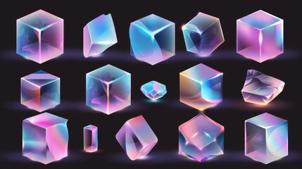 Poster - 3D holographic cubes isolated on transparent background. Modern illustration showing angle and side views, geometric solid with glossy surface, decor element.