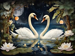 Poster - two swans floating next to each other and surrounded by flowers