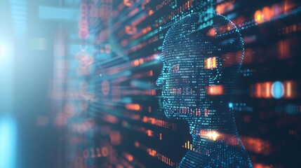 Leinwandbilder - The shape of a man combined with a programming code represents artificial intelligence or AI