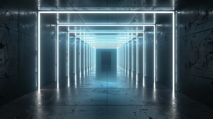 Aufkleber - Stylish futuristic dark room with neon light tubes and white color in the middle, 3D rendering illustration
