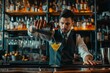 AI generated illustration of a Bartender pouring flaming drinks at the bar