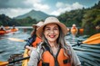 Woman kayaking in lake with beautiful landscape.. Beautiful simple AI generated image in 4K, unique.