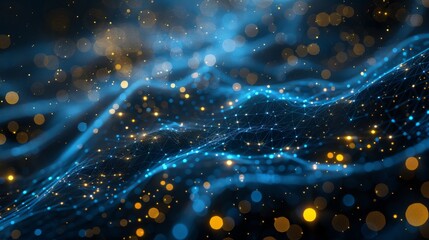 Poster - Three-dimensional render of a network of blue and yellow lines and dots.