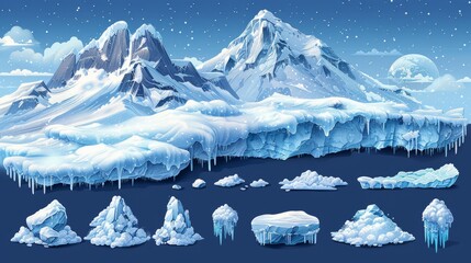 Aufkleber - Set of snow elements - snowball, snowdrift, icicles, snowcap. Isolated winter modern illustrations. Illustration shows snowball effect and frost on snowcaps.