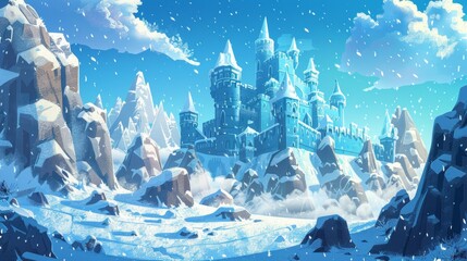 Wall Mural - A winter mountain landscape with a medieval castle, covered with ice and snow on the rocks, and snowflakes in the air. Modern cartoon illustration of a fairytale frozen palace with towers.