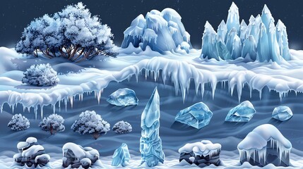 Aufkleber - The set includes snow caps, icicles, snowballs and snowdrift isolated on a transparent background. Winter decorations. Game art elements. Seasonal snowy ornament.