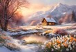 AI generated illustration of a snowy field with trees and house in winter landscape