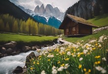 AI Generated Illustration Of A Remote Mountain Cabin By River With Vibrant Yellow Wildflowers