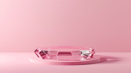 Poster - In this modern realistic illustration, a 3D pentagon glass platform is set on a light pink wall background. This can be used as an exhibitor's stand, a product presentation stand, or for advertising.