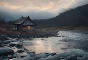 Poster - AI generated illustration of a house with a small porch against a mountain backdrop