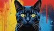 a painting of a cat with yellow eyes on a colorful background