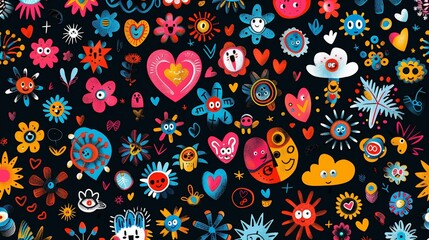 Wall Mural - The retro wave style poster has heart, mushroom, flower and cloud shapes emojis, on a black background, with cute smileys with eyes, doodle signs and retrowave symbols.